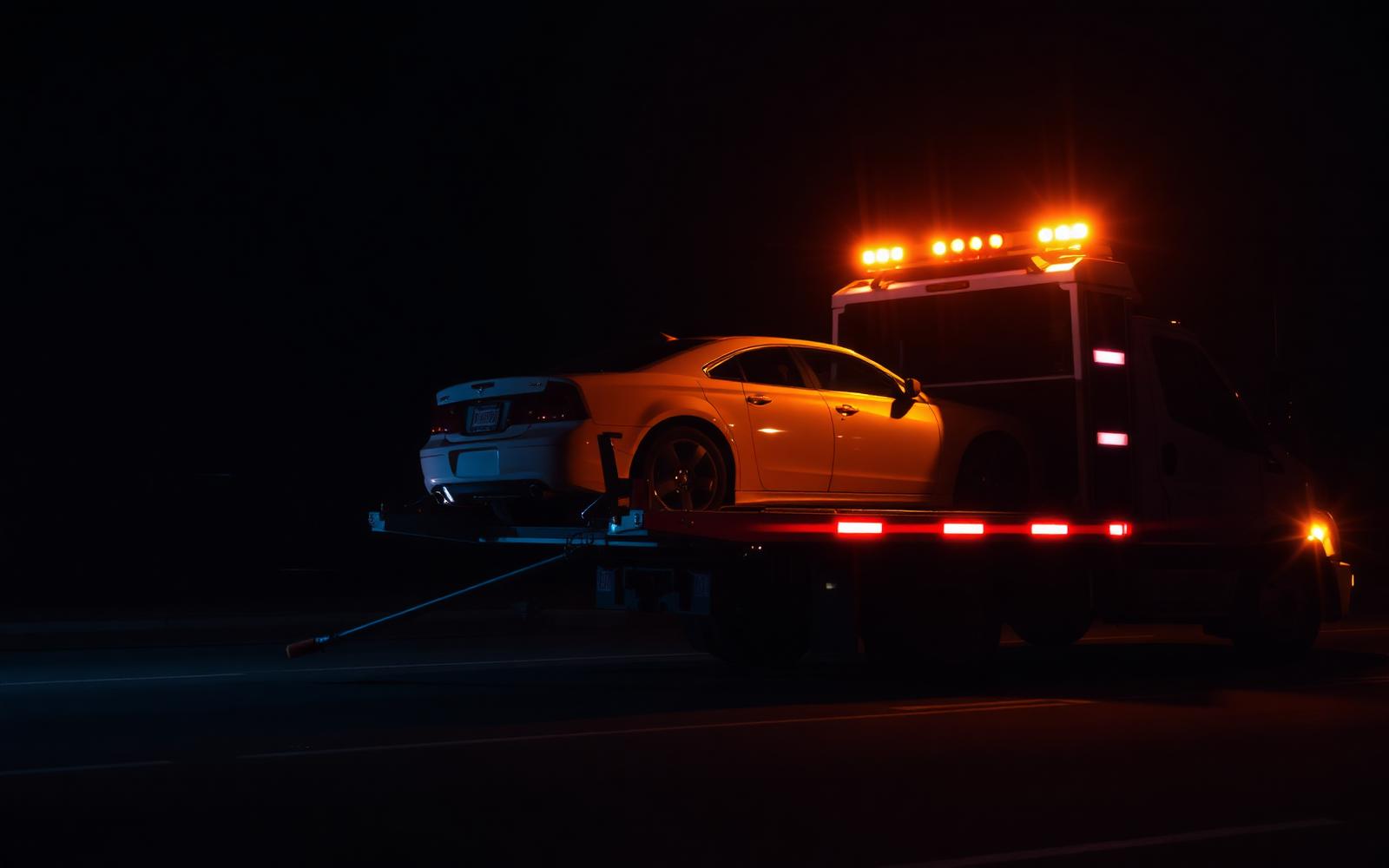 Tow truck loading a car at night